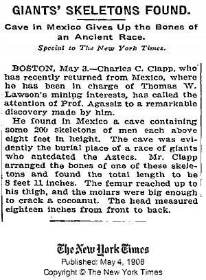 noticia esqueletos gigantes new york times 1908