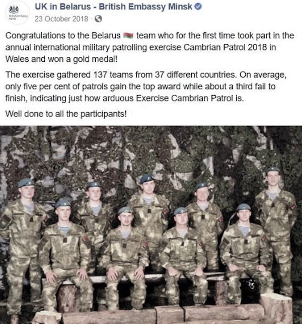 La embajada británica en Minsk felicita a las tropas bielorrusas por su actuación en una competición militar en el Reino Unido (Foto: FCO / Facebook)