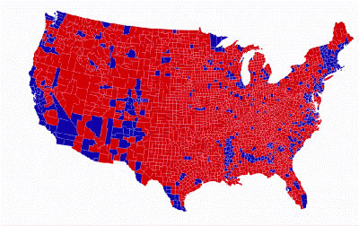 Imagen: En azul, los condados demócratas, en rojo los condados republicanos.‎ Fuente : New York Post‎.