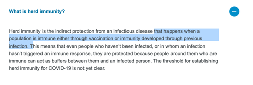 TRADUCCIÓN: “La inmunidad de rebaño es una protección indirecta a una enfermedad infecciosa que ocurre cuando la población es inmune ya sea a través de las vacunas o por la inmunidad desarrollada a través de infecciones previas por ya haber pasado la enfermedad…”