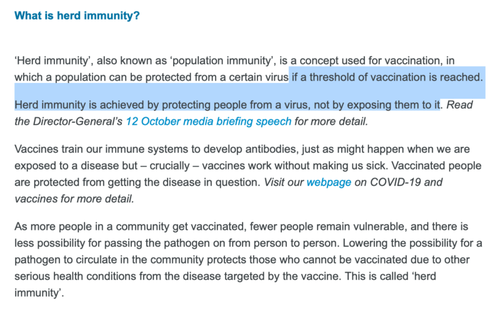 TRADUCCIÓN: “Inmunidad colectiva es un concepto usado para la vacunación, en el que la población puede ser protegida de un virus en concreto si se alcanza un porcentaje establecido de vacunados. La inmunidad de rebaño se consigue protegiendo a la población del virus, no exponiéndola al virus”