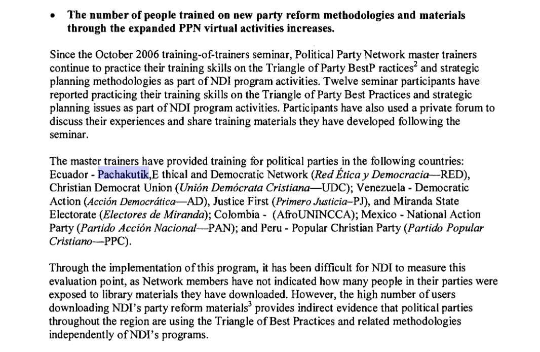 Un documento del NDI de 2007 muestra que EEUU entrenó a lideres de Pachakutik