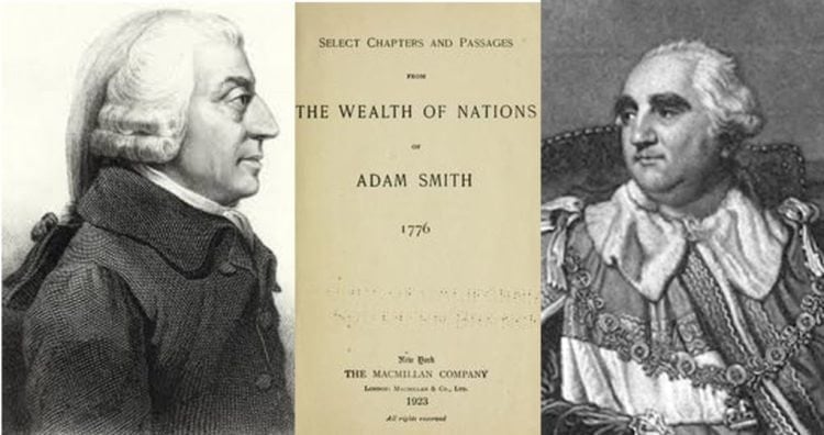 Adam Smith (izquierda) y su mecenas Lord Shelburne (derecha). Portada de La riqueza de las naciones de Smith publicada en 1776