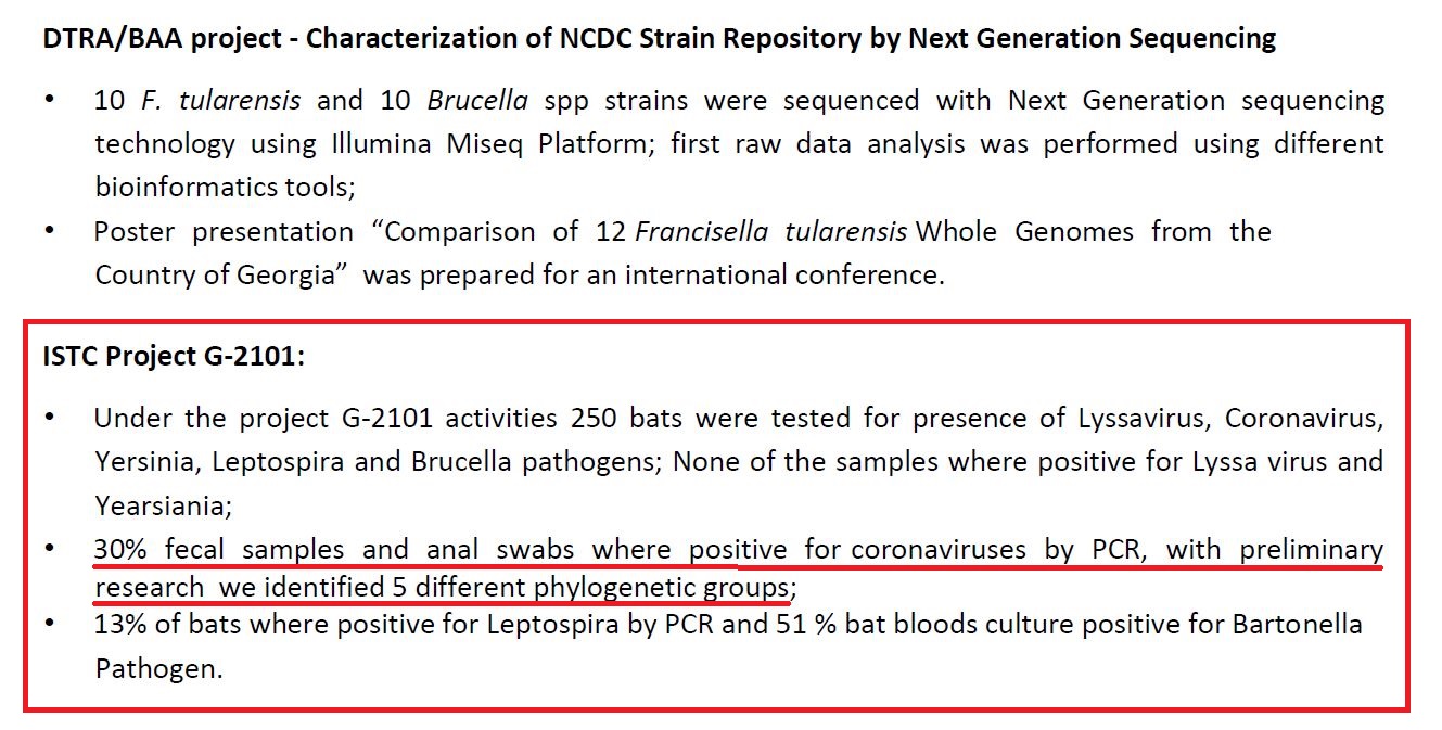Se analizaron 250 murciélagos para detectar la presencia de patógenos Lyssavirus, Coronavirus, Yersinia, Leptospira y Brucella. Se observa que el 30% de las muestras fecales y los hisopos anales habían dado positivo en coronavirus por PCR de cinco grupos filogenéticos diferentes (fuente: Informe anual del NCDC 2016[https://ncdc.ge/Handlers/GetFile.ashx?ID=af53c8f1-7461-41b2-b5ff-89140c6e2188])