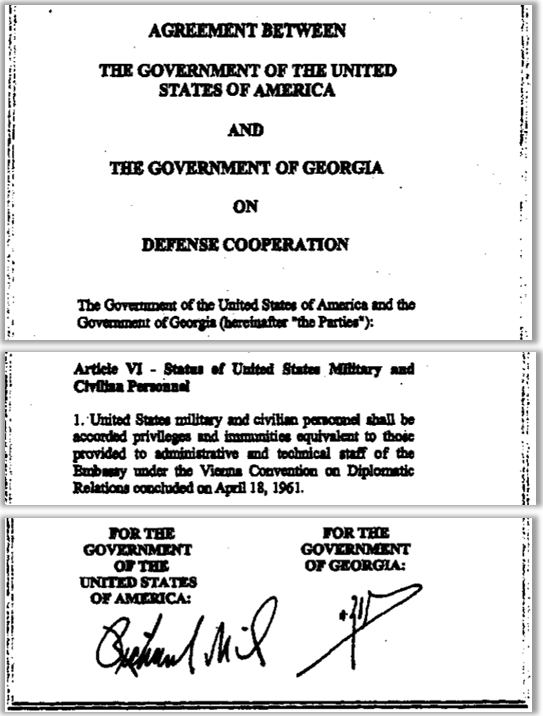 El acuerdo entre Estados Unidos y Georgia otorga estatus diplomático al personal militar y civil estadounidense (incluidos los vehículos diplomáticos) que trabaja en el programa del Pentágono en Georgia.