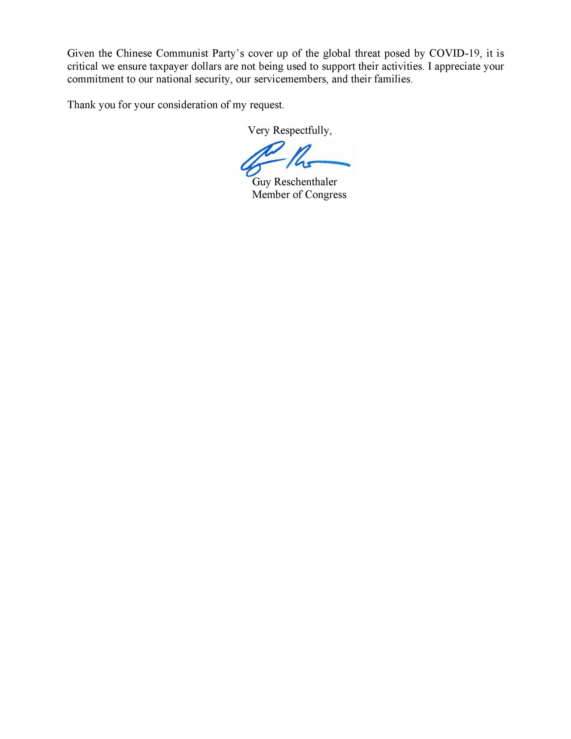 Carta de Guy Reschenthaler, miembro del Congreso, al Secretario de Defensa de EE.UU. en la que solicita más información sobre la subvención de 6,5 millones de dólares a Eco Health Alliance.