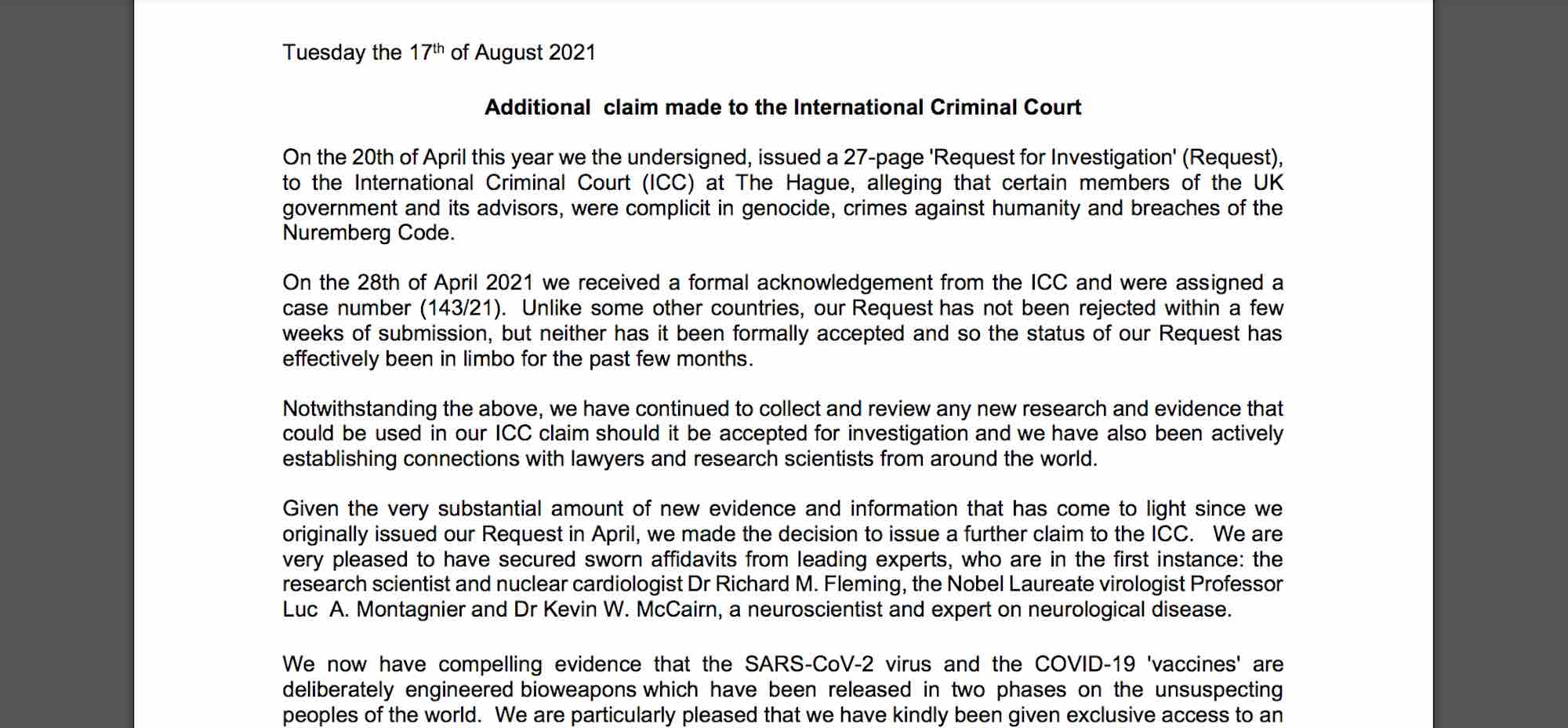 Abogados de todo el mundo presentan nuevas pruebas a la Corte Penal Internacional alegando que líderes mundiales y asesores científicos han usado el Covid-19 y las vacunas para cometer genocidio y crímenes contra la humanidad