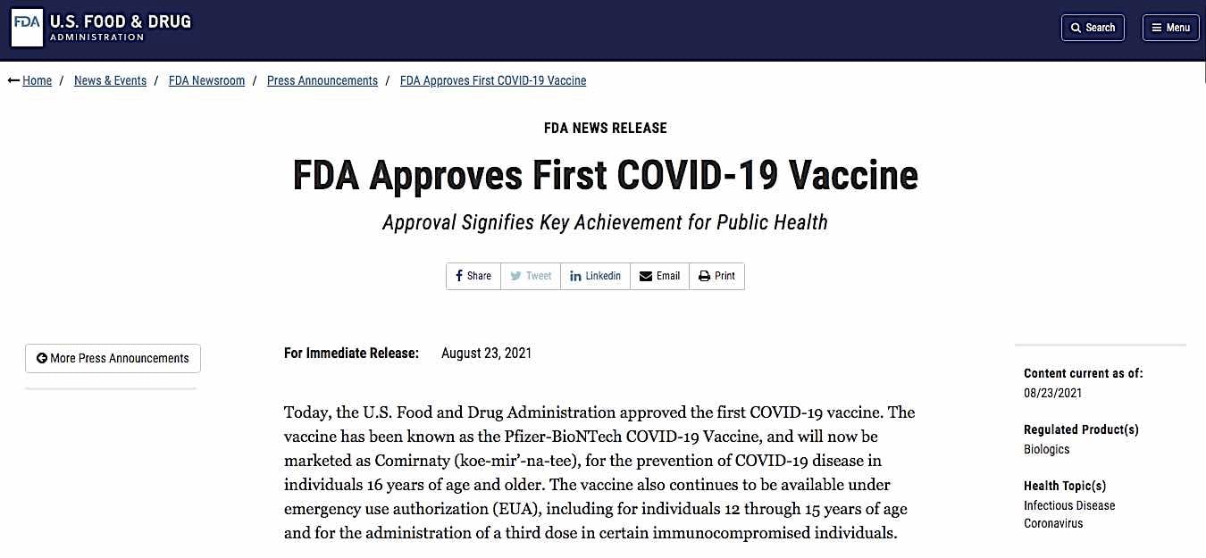 La FDA aprueba la primera vacuna COVID; sin audiencia pública; sin transparencia; sin revisión abierta de los datos de las vacunas