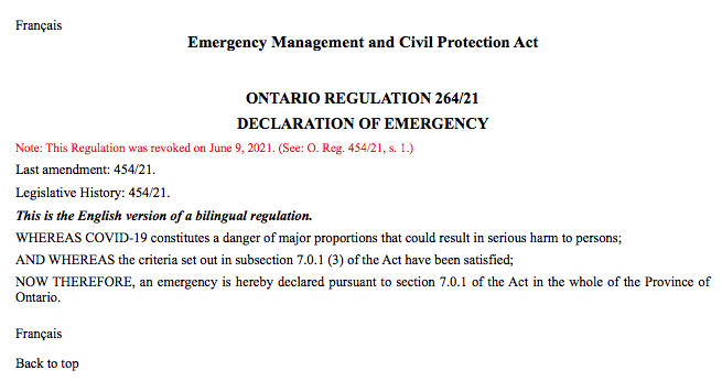 La revocación de la declaración de emergencia en Ontario, que el gobierno, los municipios y los medios no anunciaron públicamente