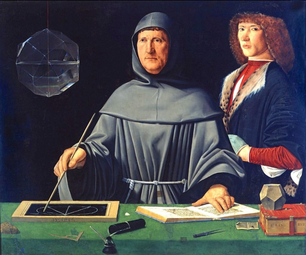 Retrato del maestro y colaborador de Da Vinci, Luca Pacioli, estudiando diversas manifestaciones de la sección áurea, Jacopo de' Barbari, 1495 [Wiki Commons].