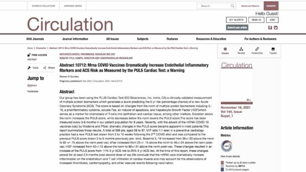 La revista médica Circulation concluye que las vacunas ARNm aumentan drásticamente la inflamación en el endotelio y la infiltración de células T en el músculo cardíaco, lo que explica el aumento de trombosis, cardiomiopatías y otros eventos vasculares tras la vacunación
