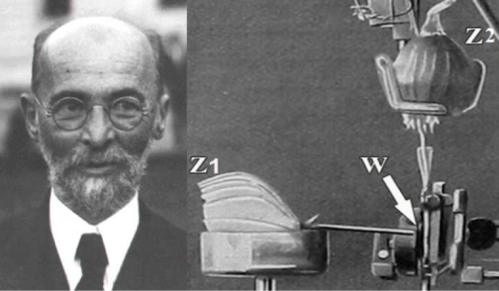 Alexander Gurwitsch y su original experimento de la raíz de la cebolla. Dos cebollas (Z1 y Z2) crecen perpendicularmente con un punto W que representa el punto de intersección de la raíz más joven emitida por Z1 y la raíz más vieja de Z2, separadas por una lente de cuarzo que bloquea las emisiones de ultravioleta de Z1 a Z2.