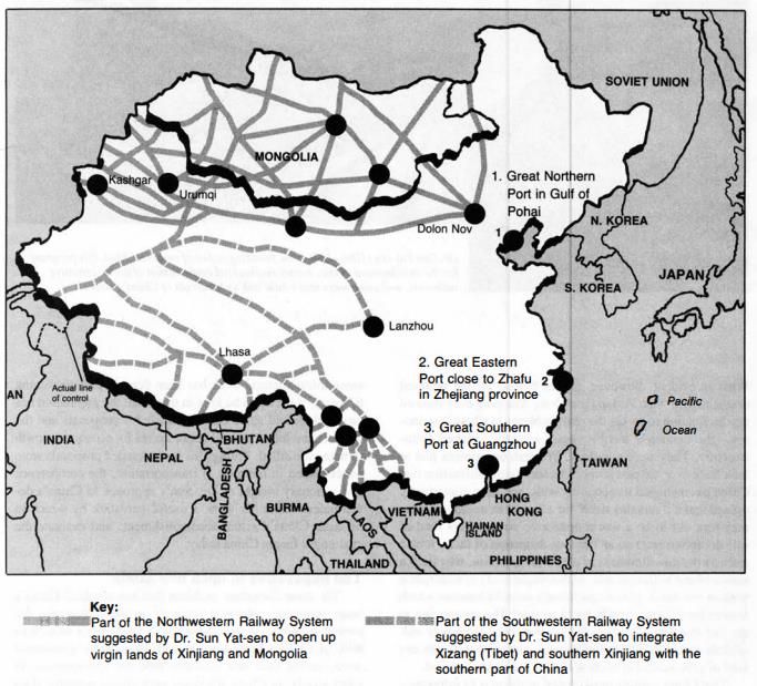 Los planes ferroviarios de Sun Yat Sen para China, publicados en su obra Desarrollo Internacional de China de 1917, preveían 10 000 km de ferrocarril, 100 000 km de carreteras, puertos, minas y soberanía industrial. Todo esto se cumplió finalmente con la llegada de la era del Cinturón y la Ruta de Xi Jinping - Imagen EIR