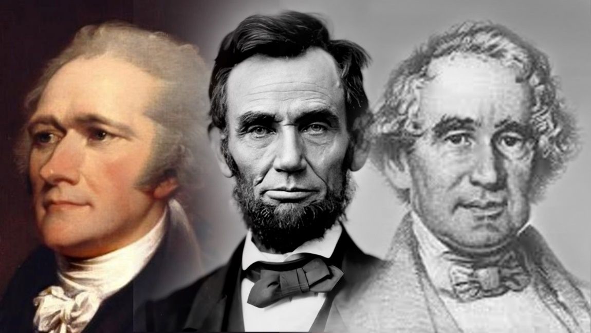 De izquierda a derecha: Alexander Hamilton, Abraham Lincoln y Henry C. Carey