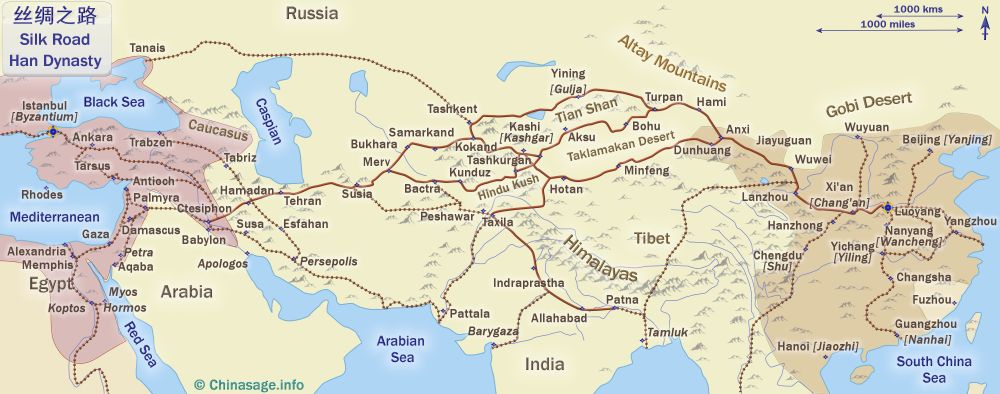 Figura 3: La antigua Ruta de la Seda con una ruta comercial a través de Rusia.