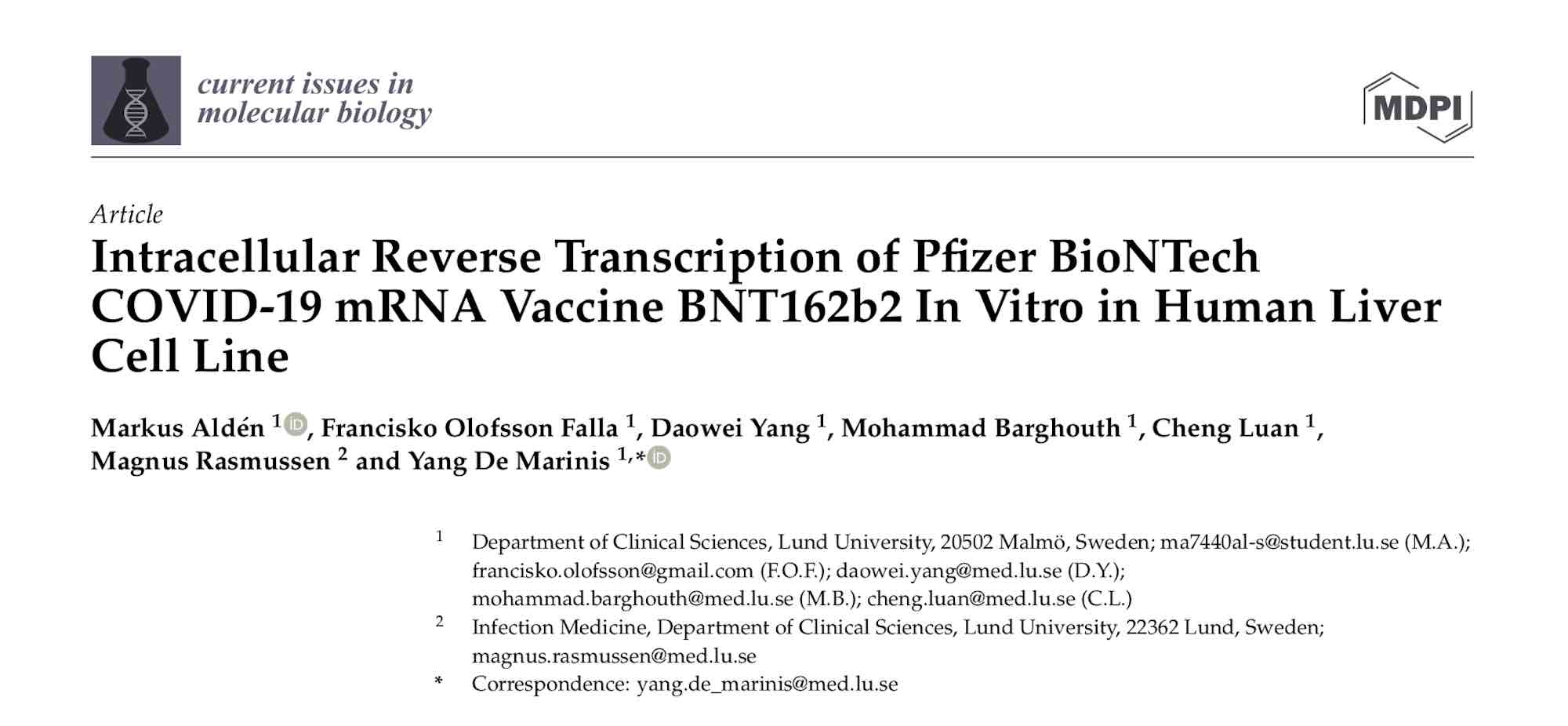 La vacuna COVID-19 de Pfizer entra en las células del hígado y se convierte en ADN, según estudio de la Universidad Lung de Suecia