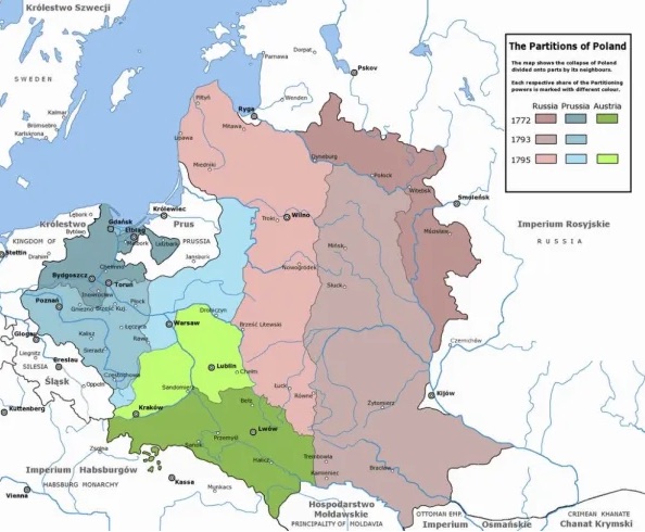 Imagen superior: Particiones de la Mancomunidad Polaco-Lituana (a menudo denominada simplemente Polonia) en 1772, 1793 y 1795.