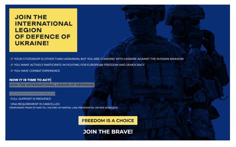 Portada de uno de los sitios web de reclutamiento de la Legión Extranjera de Ucrania.