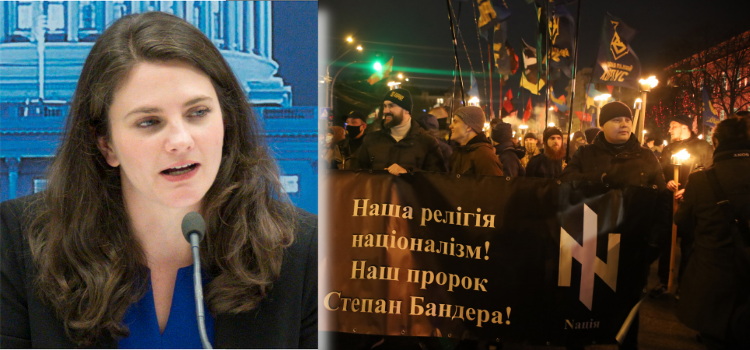 Izquierda: Nina Jankowicz, un activo ahora expuesto del difusor de desinformación británico, la Iniciativa de Integridad. A la derecha: Los nazis, según ella, no existen.