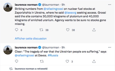 Laurence Norman, enviado especial del Wall Street Journal al Foro de Davos, mencionó en Twitter la declaración de Rafael Grossi sobre el material nuclear almacenado por Ucrania… pero no publicó artículo alguno sobre ese asunto. La revelación fue confirmada, también en Twitter, por otro periodista, enviado por el New York Times. 