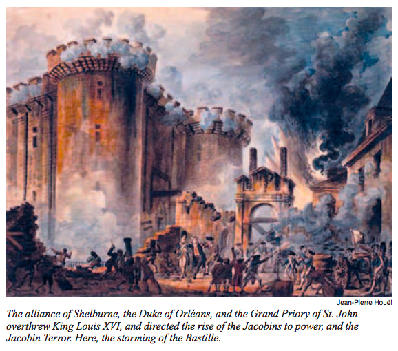 La alianza de Shelburne, el duque de Orleans y el Gran Priorato de San Juan derrocó al rey Luis XVI y dirigió el ascenso al poder de los jacobinos y el Terror jacobino. Aquí, el asalto a la Bastilla.
