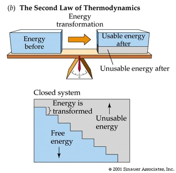 Una representación simplificada de la supuesta segunda ley de la termodinámica (también conocida como: Entropía) que supone que todos los sistemas son 1) cerrados y, por lo tanto, 2) teleológicamente conectados para moverse de forma determinista hacia la muerte por calor, ya que no se puede suponer que exista nada cualitativamente nuevo en cualquier sistema que no estuviera ya en dicho sistema desde el principio.