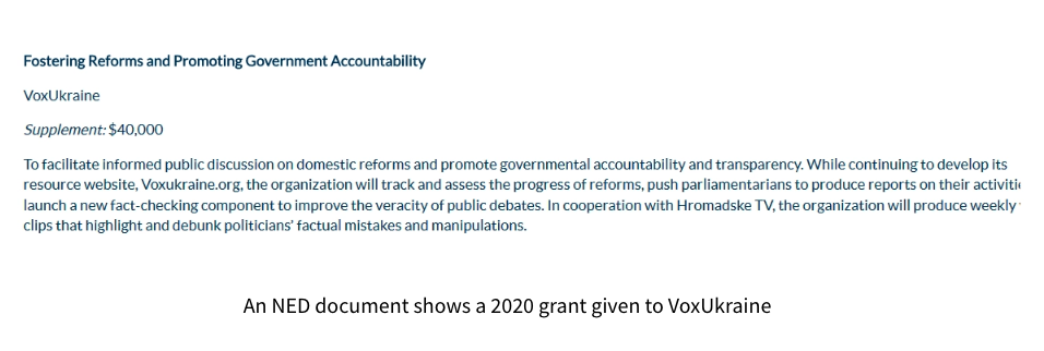 An NED document shows a 2020 grant given to VoxUkraine