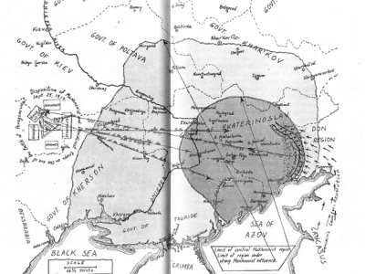 En este mapa se delimita la Majnovschina, que llegó a abarcar todo el territorio resaltado en gris, incluyendo las ciudades de Jerson e Izium.‎