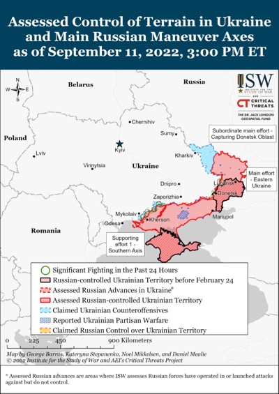 En este mapa del Institute for the Study of War, la zona “liberada” de la presencia rusa es la mancha azul que se distingue en la parte superior derecha.