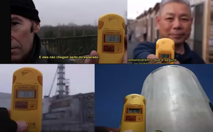 Niveles de radiación de fondo. Imagen superior izquierda: 0,91 mSv en el pueblo de Chernóbil, imagen inferior izquierda: 3,67 mSv en el emplazamiento de Chernóbil, imagen superior derecha: 0,18 mSv pueblo en Fukushima, imagen inferior derecha: 0,70 mSv junto a un contenedor de almacenamiento de residuos nucleares.