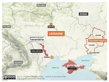 La franja de territorio señalada en rojo, entre Moldavia y Ucrania, es la república autoproclamada en la región de Transnistria.