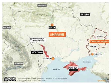 La franja de territorio señalada en rojo, entre Moldavia y Ucrania, es la república ‎autoproclamada en la región de Transnistria.‎