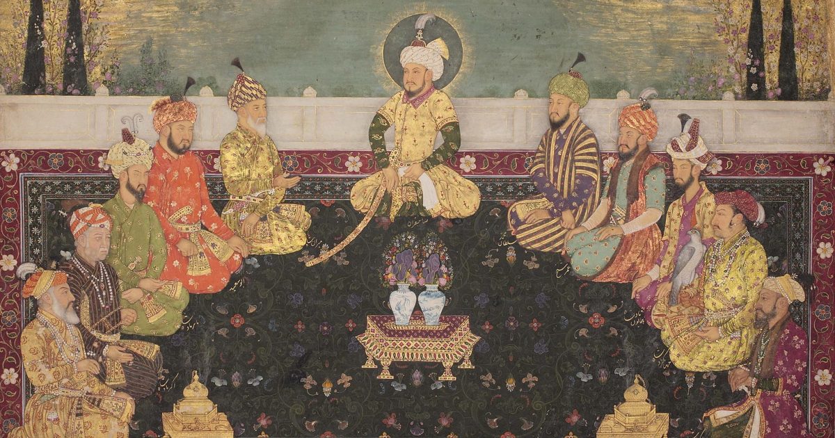 Retrato de grupo de gobernantes mogoles, desde Babur hasta Aurangzeb, con el antepasado mogol Timur sentado en el centro. A la derecha: Shah Jahan, Akbar y Babur, con Abu Sa'id de Samarcanda y el hijo de Timur, Miran Shah. A la izquierda: Aurangzeb, Jahangir y Humayun, y otros dos vástagos de Timur, Umar Shaykh y Muhammad Sultan. Creado hacia 1707-12, forma parte del Khalili Family Trust.