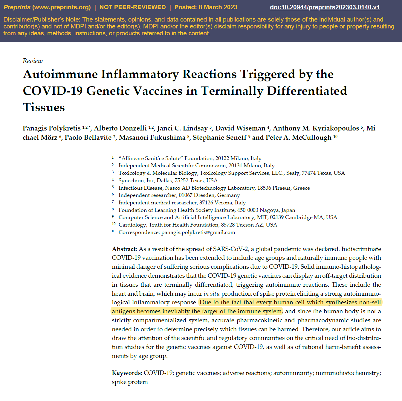 Polykretis, P.; Donzelli, A.; Lindsay, J.C.; Wiseman, D.; Kyriakopoulos, A.M.; Mörz, M.; Bellavite, P.; Fukushima, M.; Seneff, S.; McCullough, P.A. Autoimmune Inflammatory Reactions Triggered by the COVID-19 Genetic Vaccines in Terminally Differentiated Tissues. Preprints 2023, 2023030140. https://doi.org/10.20944/preprints202303.0140.v1.