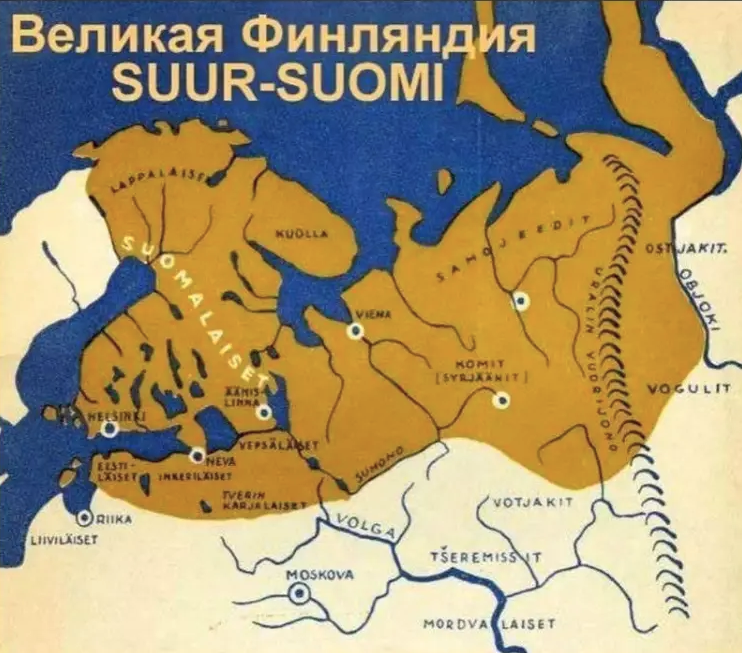 Pie de foto: Mapa de la época de la Segunda Guerra Mundial que muestra la versión más radical de la ideología de la "Gran Finlandia", que consideraba que gran parte del territorio del norte de Rusia pertenecía legítimamente a Finlandia.