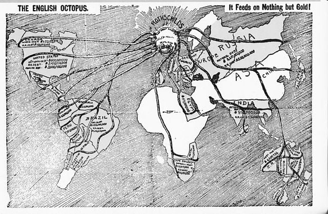 Caricatura de 1894 en la que aparece el pulpo imperial británico gestionando un orden mundial unipolar.