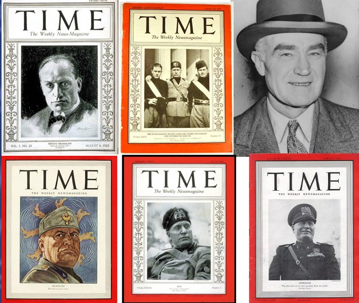 Henry Luce (esquina superior derecha) y una muestra de sus docenas de portadas profascistas de la revista Time.