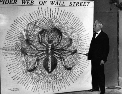 El senador George Norris, líder republicano de Lincoln y representante del Caucus del Sistema Estadounidense exponiendo la araña de Wall Street.
