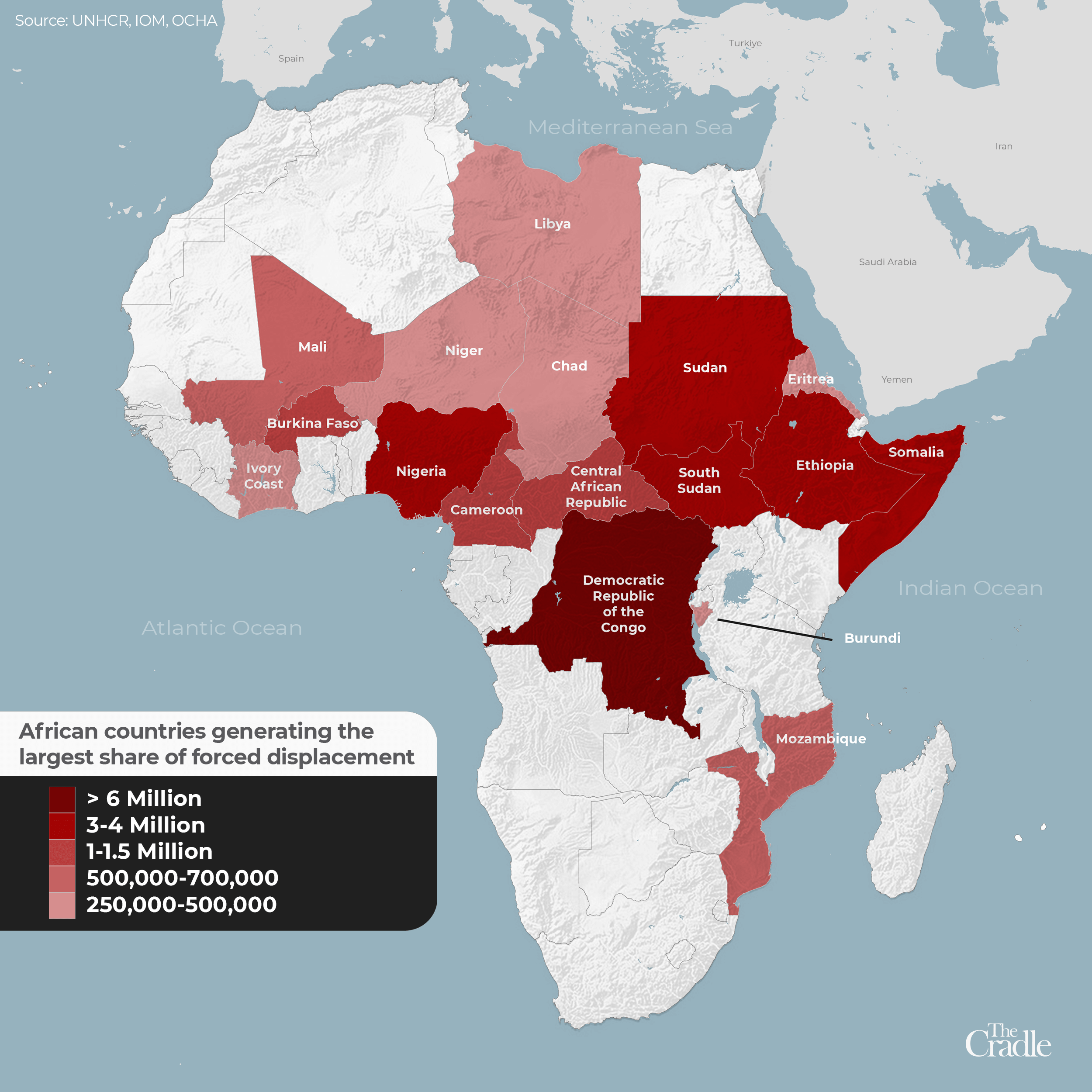 Mapa de países africanos que generan la mayor proporción de desplazamiento forzado