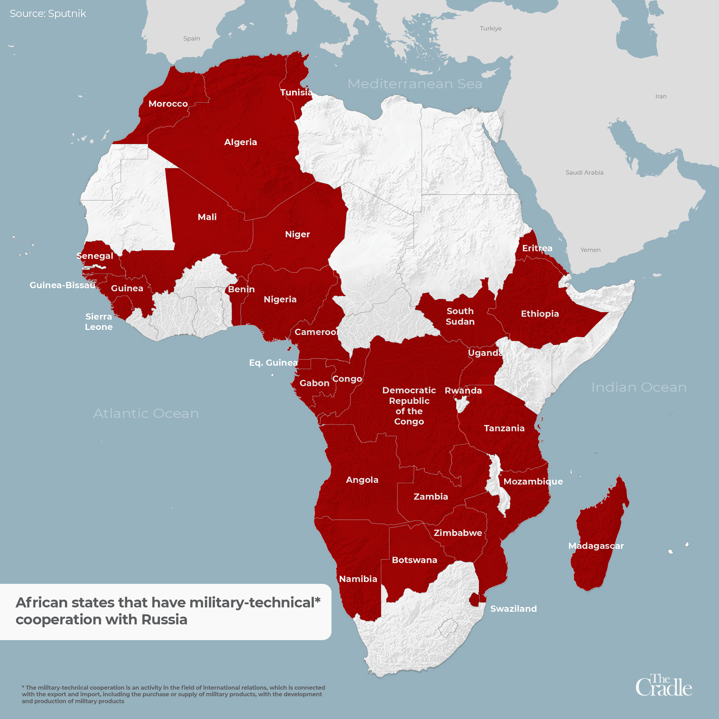 Mapa de estados africanos que tienen cooperación técnico-militar con Rusia