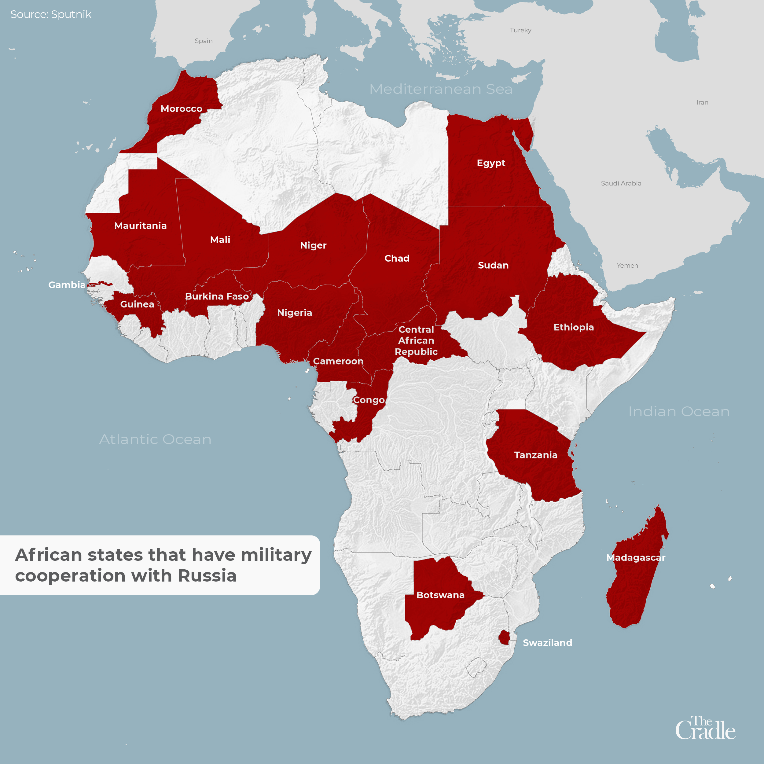 Mapa de estados africanos que tienen cooperación militar con Rusia