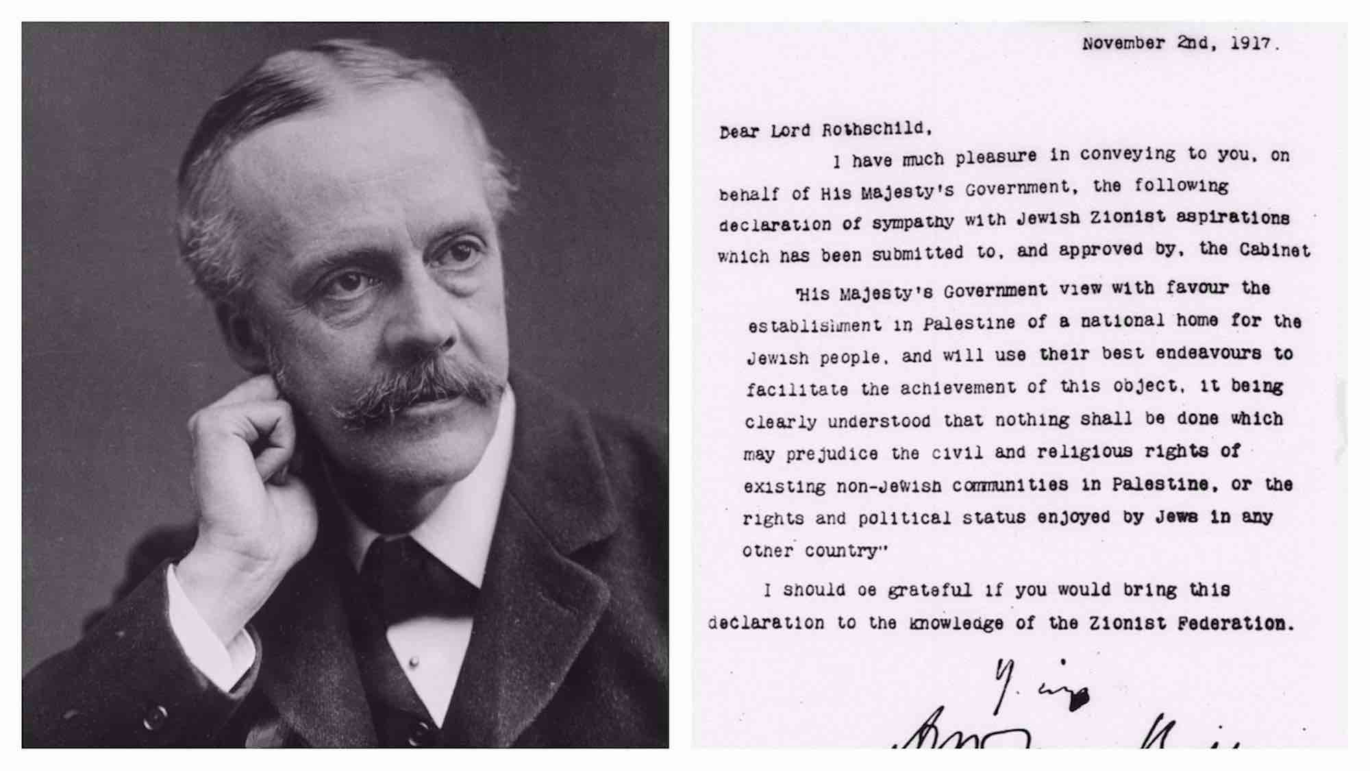 La carta original de Lord Arthur Balfour a Lord Walter Rothschild, del 2 de noviembre de 2017.