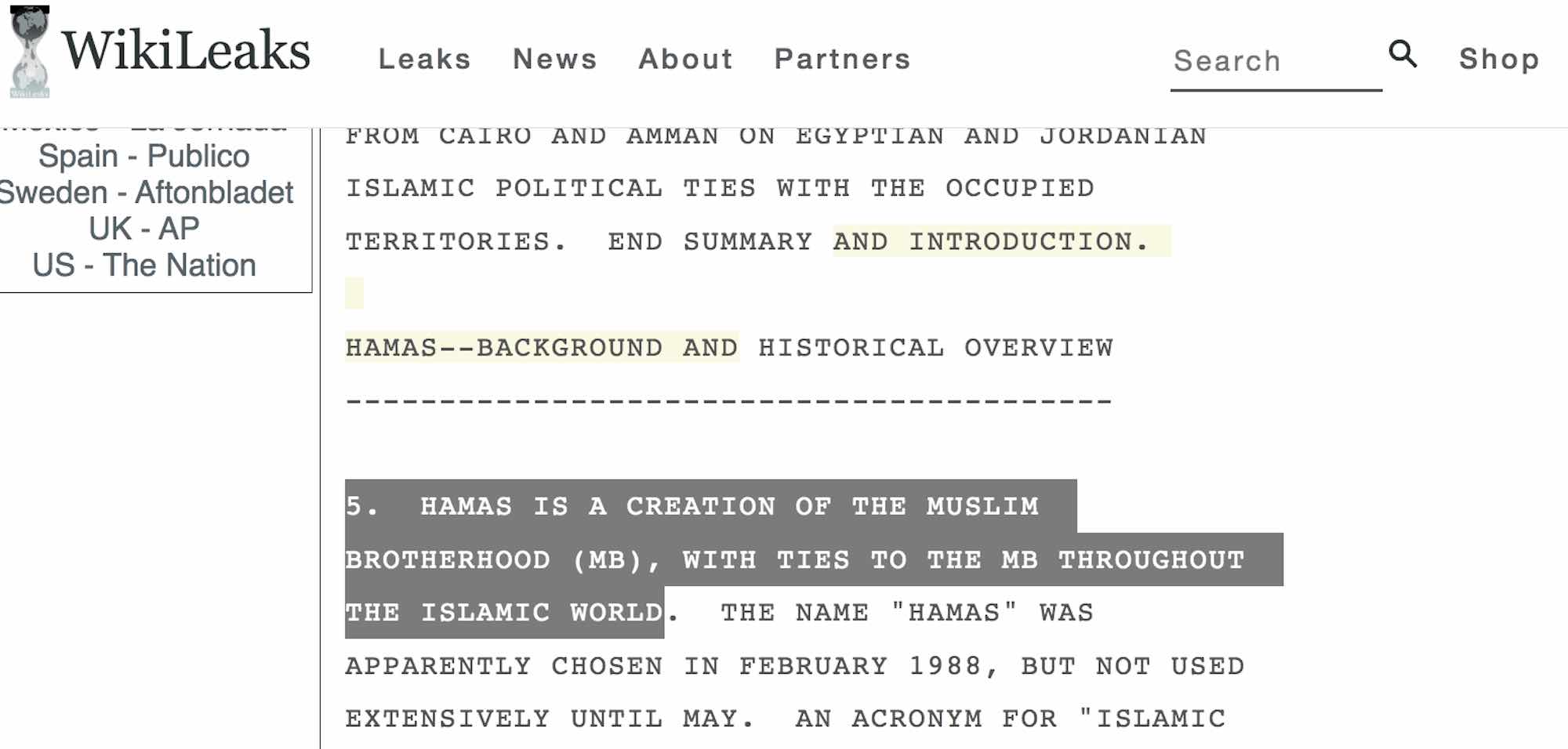 Wikileaks: Informe del Departamento de Estado de EEUU definió a Hamas como ‘una creación de la Hermandad Musulmana’, la fuerza de tareas de la CIA y el MI6 británico